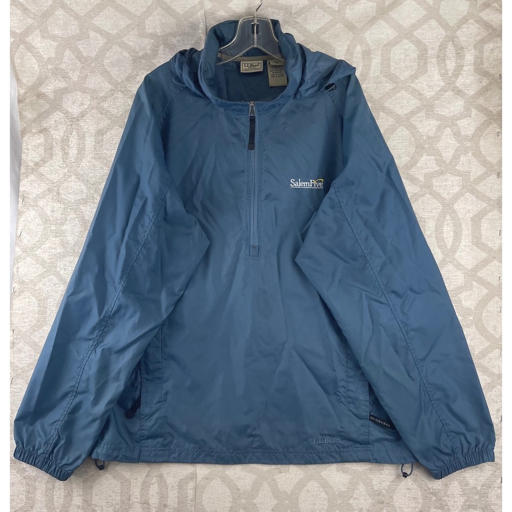 LL Bean Mens Medium Blue Ripstop Nylon Anorak Half Zip Hooded Windbreaker Jacket